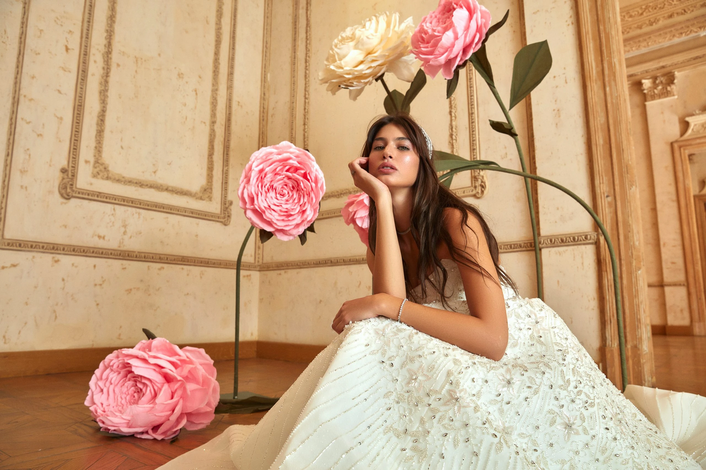 Ethereal Off-White Crystal-Embellished Wedding Gown