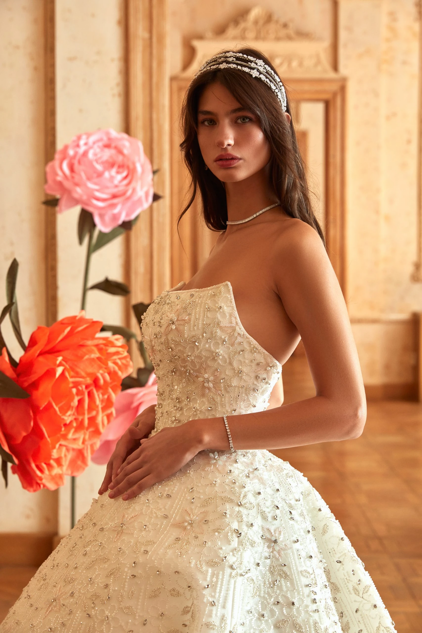 Ethereal Off-White Crystal-Embellished Wedding Gown