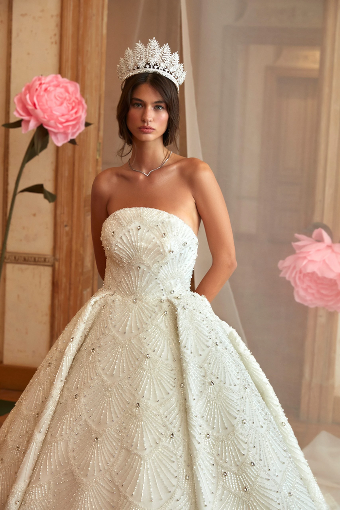 Crystal-Adorned Off-White Princess Gown
