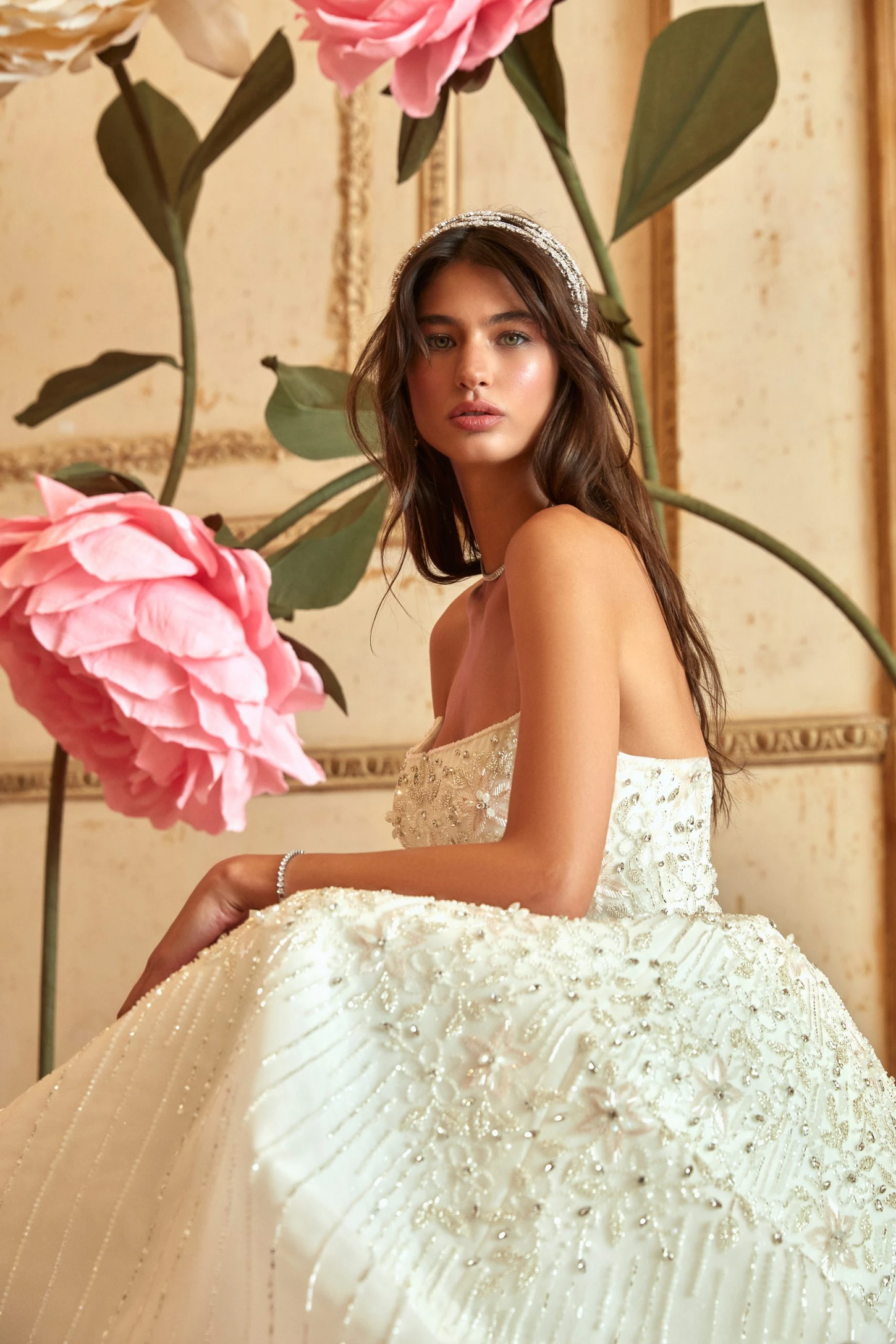 Ethereal Off-White Crystal-Embellished Wedding Gown