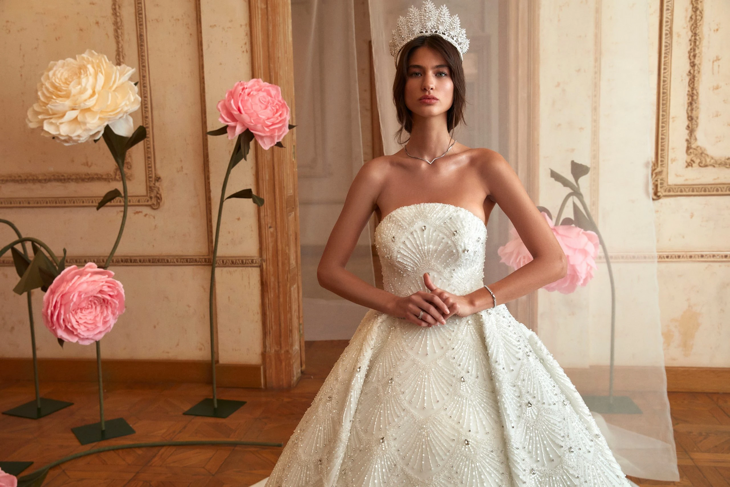 Crystal-Adorned Off-White Princess Gown