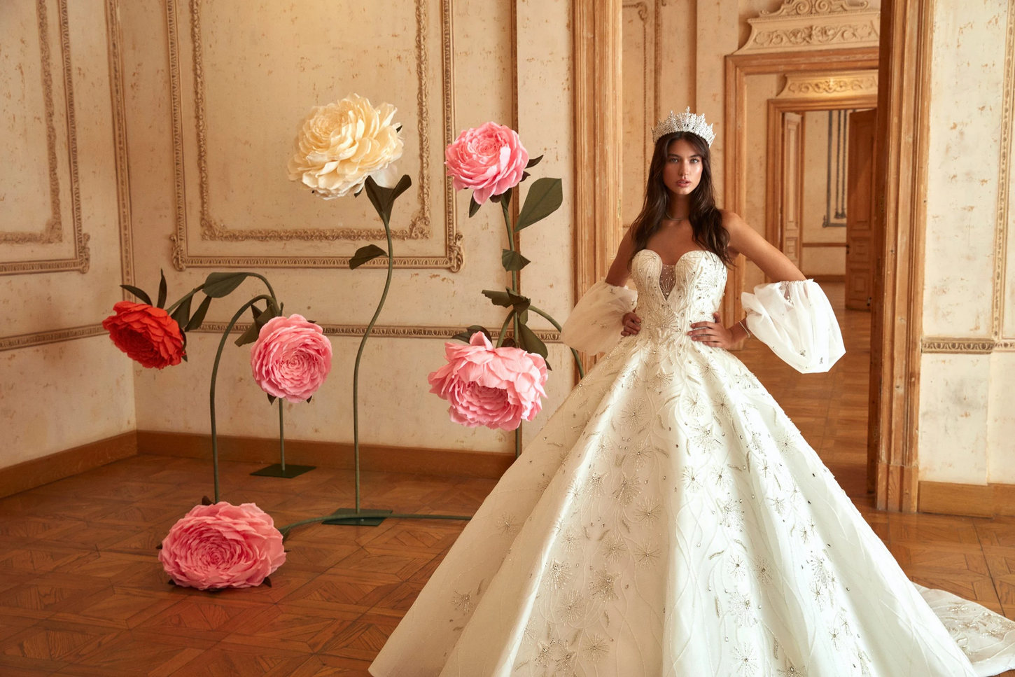 Timeless Off-White Gown Adorned with Dazzling Crystals