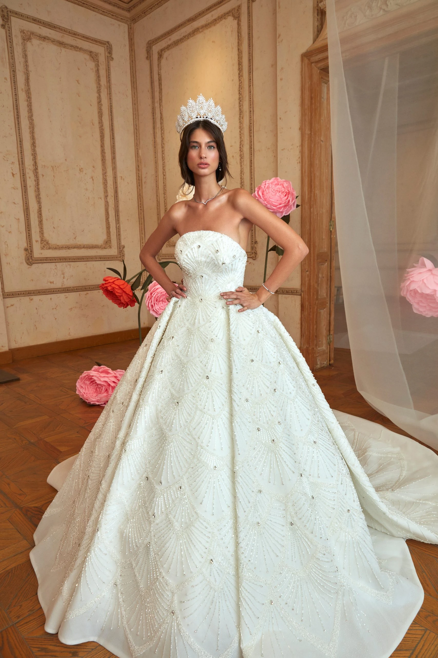 Crystal-Adorned Off-White Princess Gown