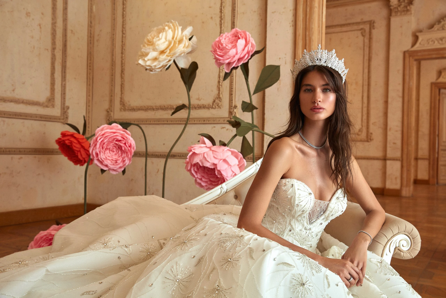 Timeless Off-White Gown Adorned with Dazzling Crystals