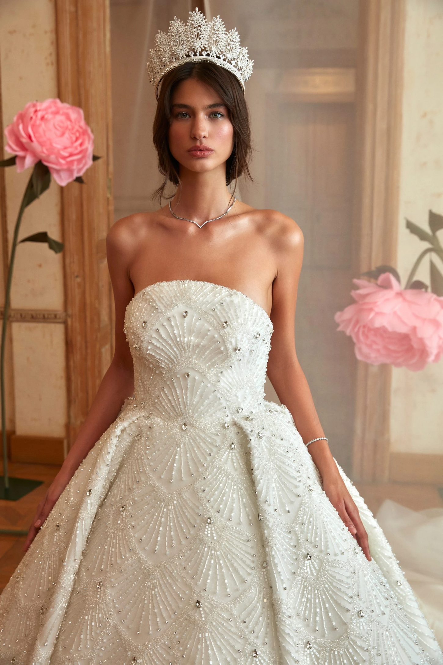 Crystal-Adorned Off-White Princess Gown