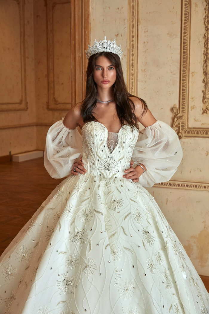 Timeless Off-White Gown Adorned with Dazzling Crystals