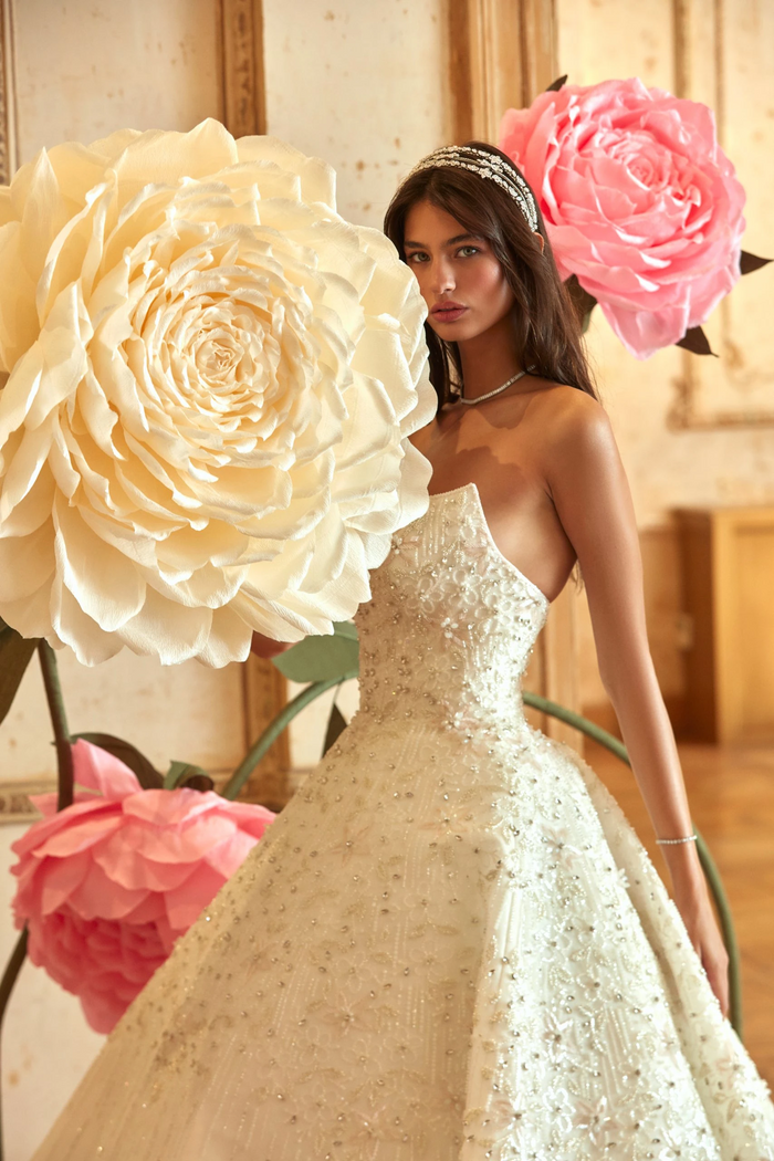 Ethereal Off-White Crystal-Embellished Wedding Gown