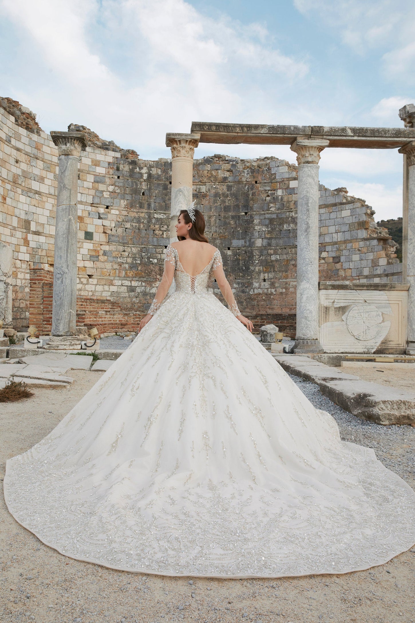 Mesmerize in Beige: Princess Bridal Dress with Intricate Embroidery