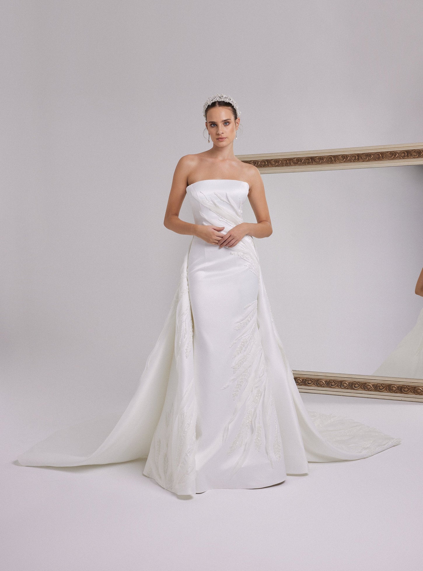 White Satin Wedding Dress With Asymmetrical Organza Design