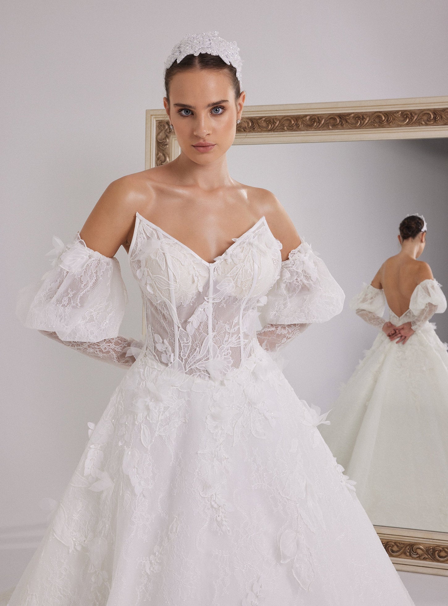 Romantic French Lace and 3D Organza Floral Princess Wedding Dress