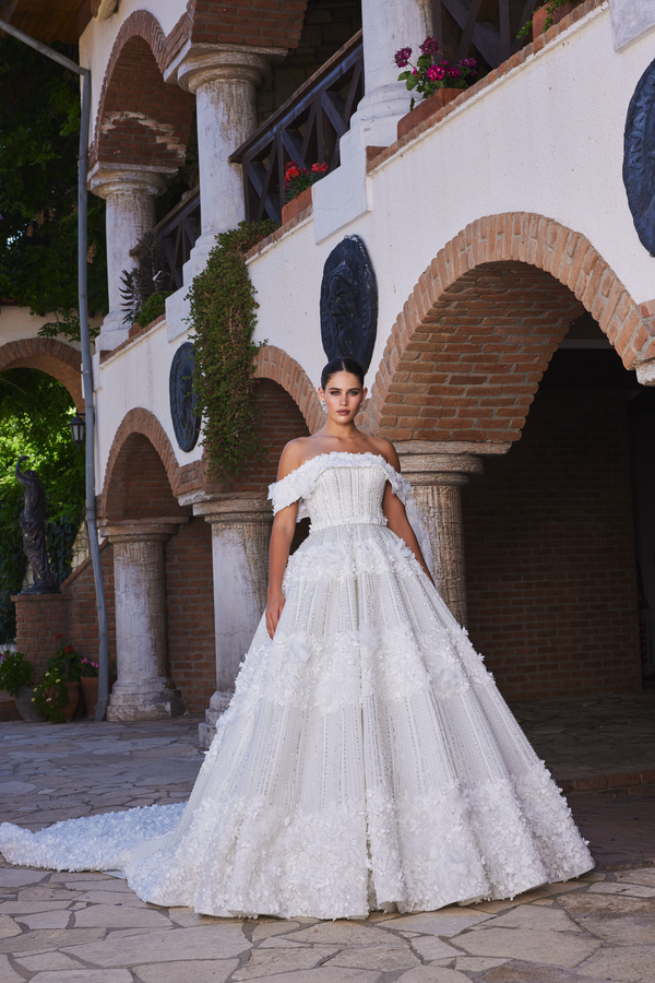 Off-the-Shoulder Ball Gown with 3D Floral Embroidery