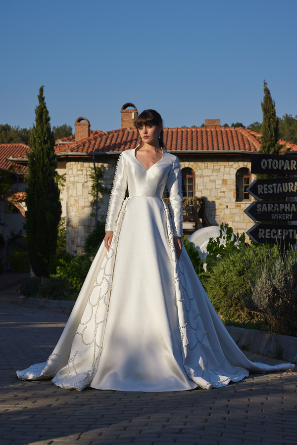 Satin Ball Gown with Hand-Sewn Design With Buttons