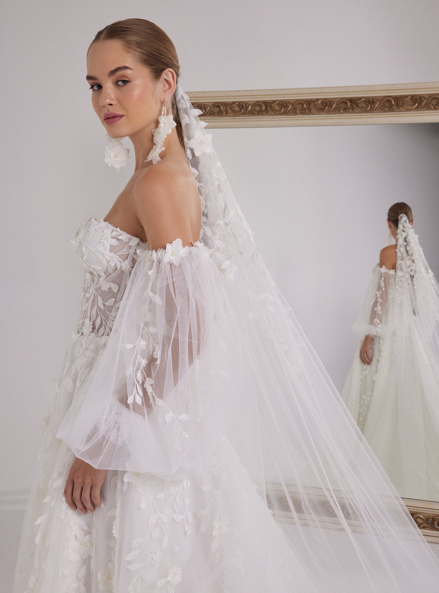 Romantic White A-Line Wedding Dress with 3D Flower Embellishments