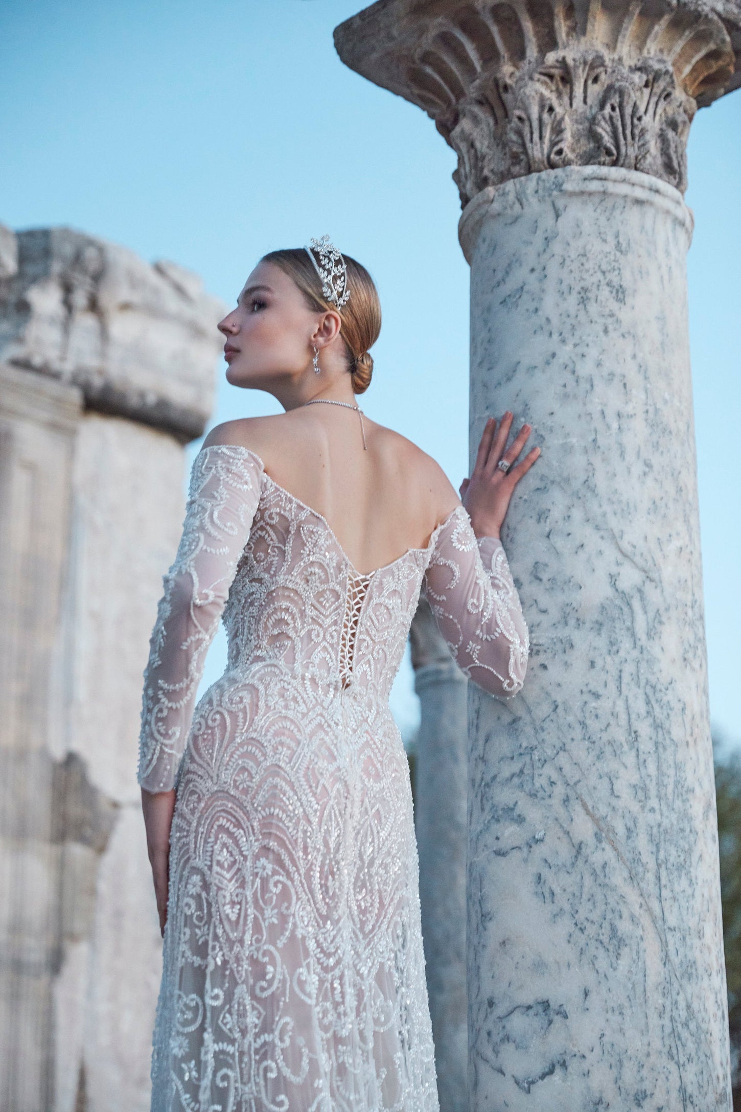 Ephemeral Grace: Hand-Embellished Nude Tulle Gown of Intrigue