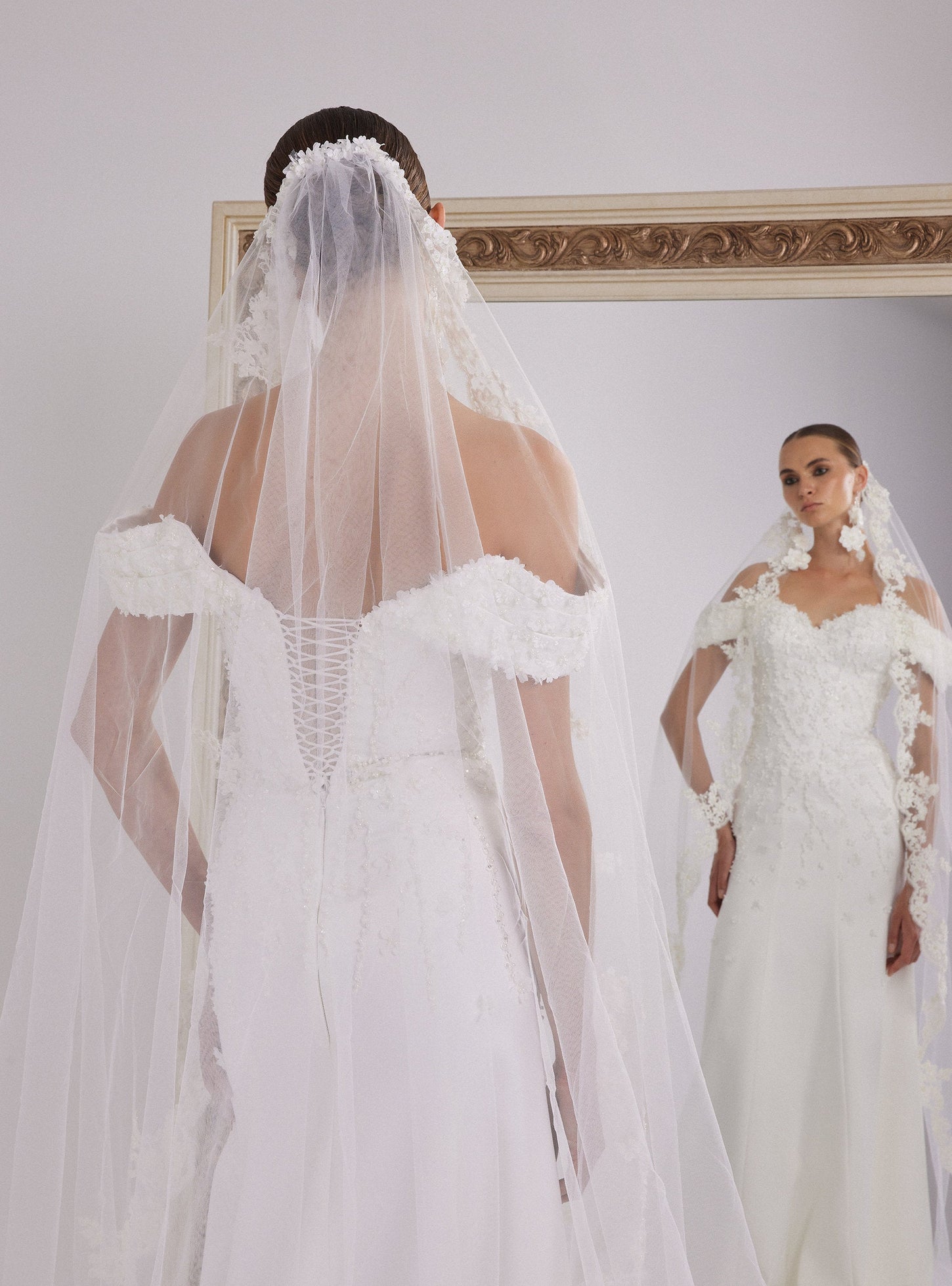 Romantic White Satin Wedding Gown with Off-Shoulder Neckline