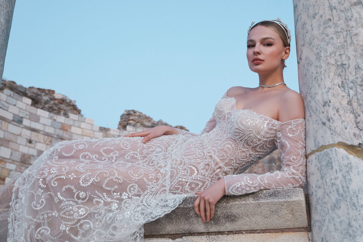 Ephemeral Grace: Hand-Embellished Nude Tulle Gown of Intrigue