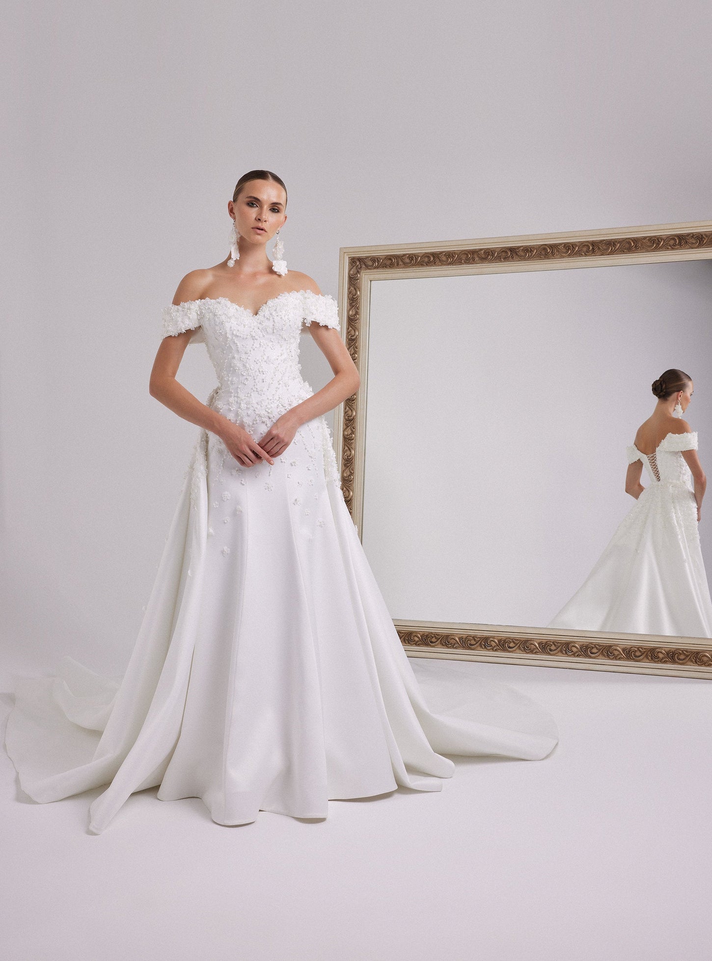 Romantic White Satin Wedding Gown with Off-Shoulder Neckline
