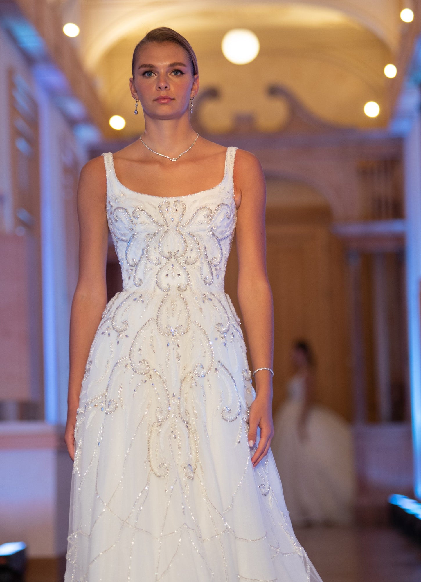 Chic Simplicity: Round Neck Bridal Dress with Crystals