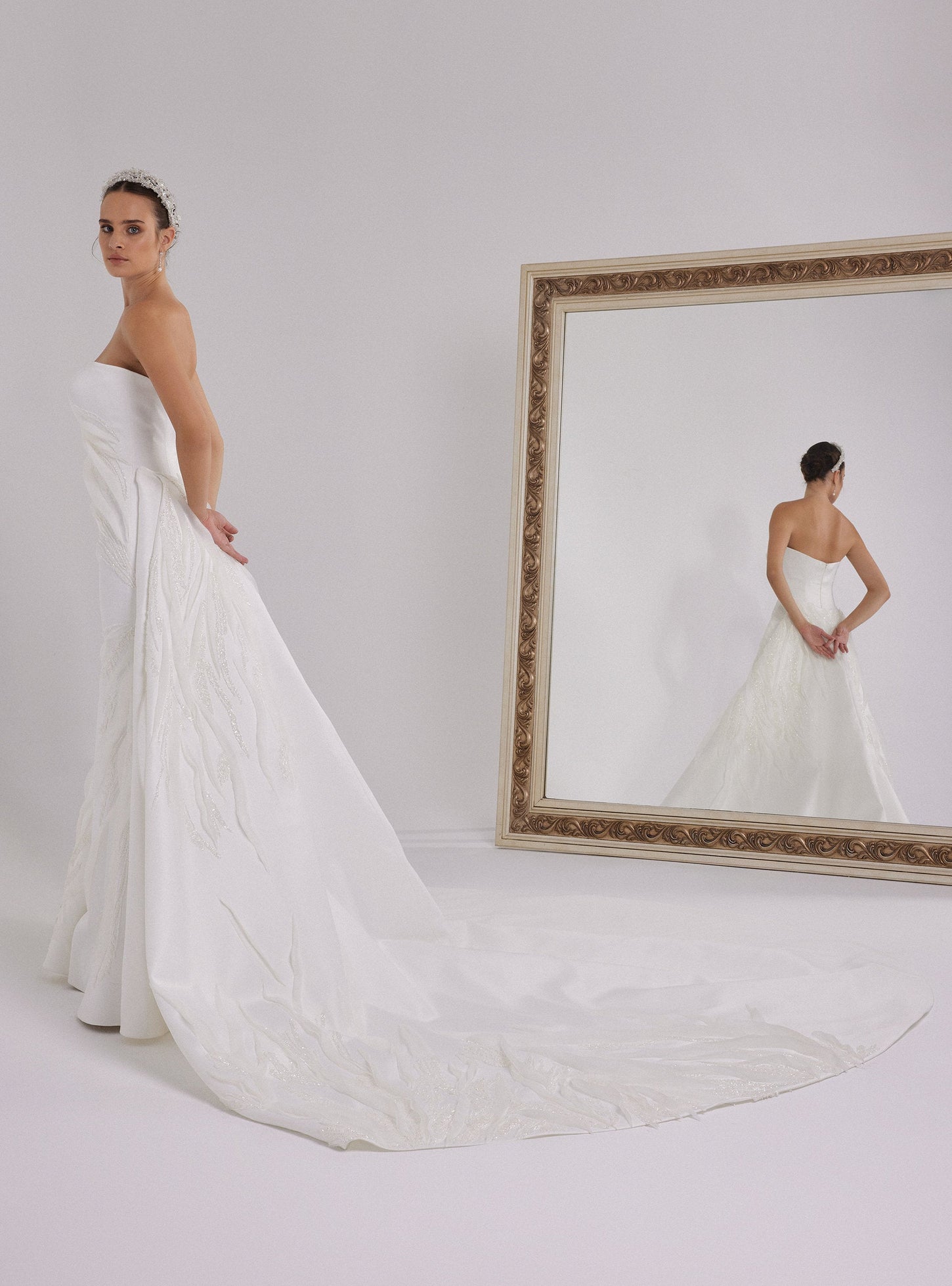 White Satin Wedding Dress With Asymmetrical Organza Design