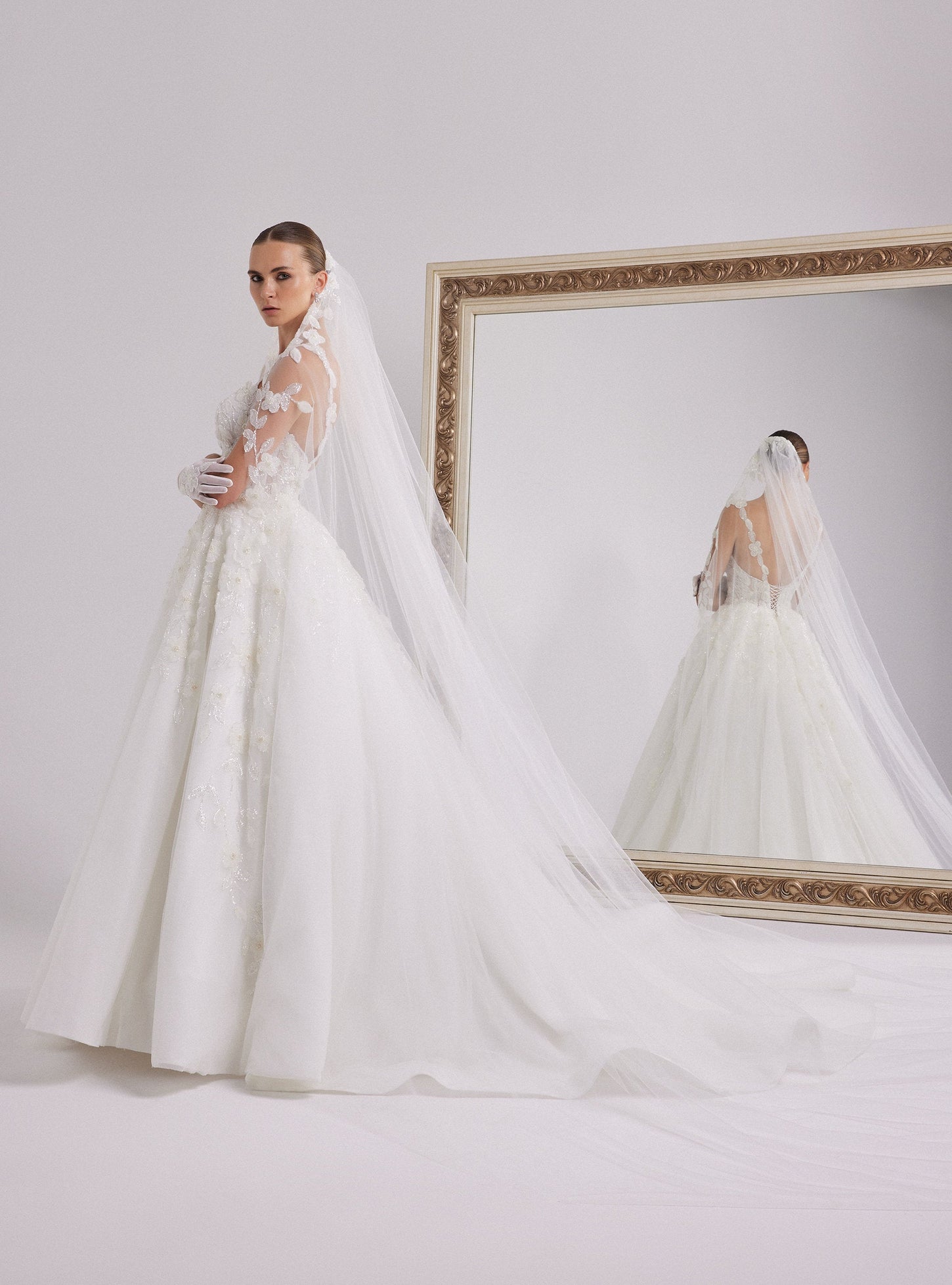 White A-line Wedding Dress with Sparkling Flower Design