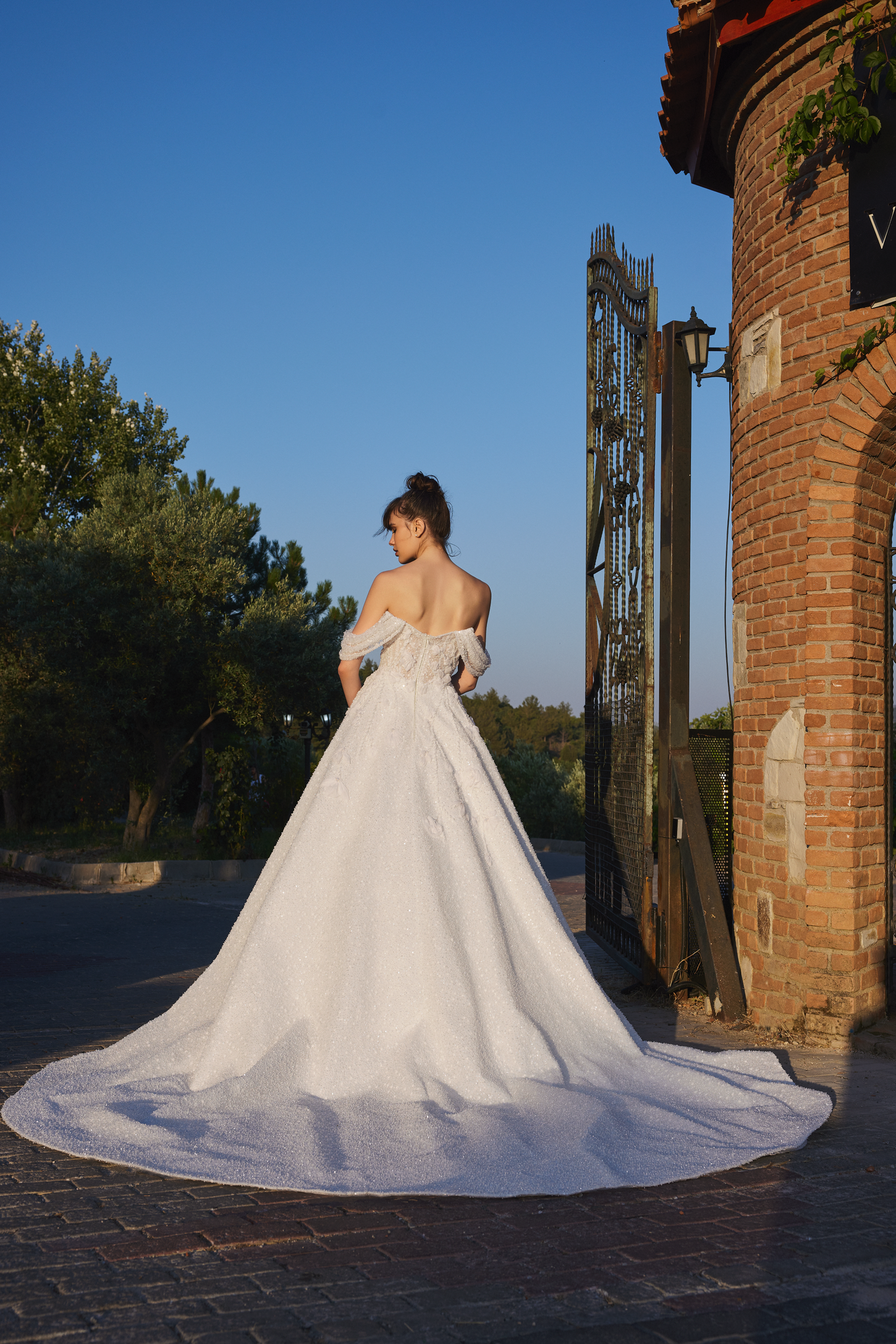 Shimmering Lace Bridal Gown with 3D Florals and Off-the-Shoulder Neckline