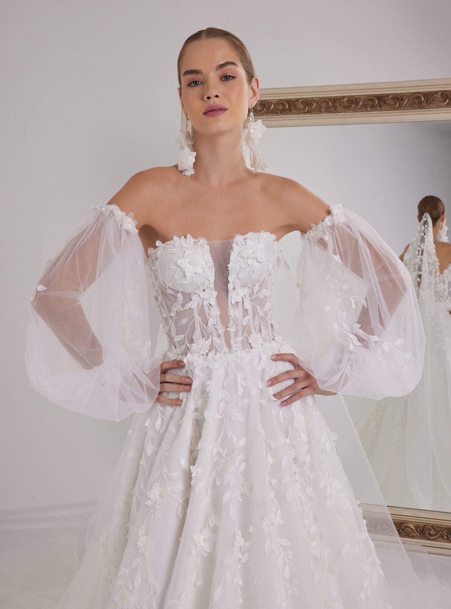 Romantic White A-Line Wedding Dress with 3D Flower Embellishments