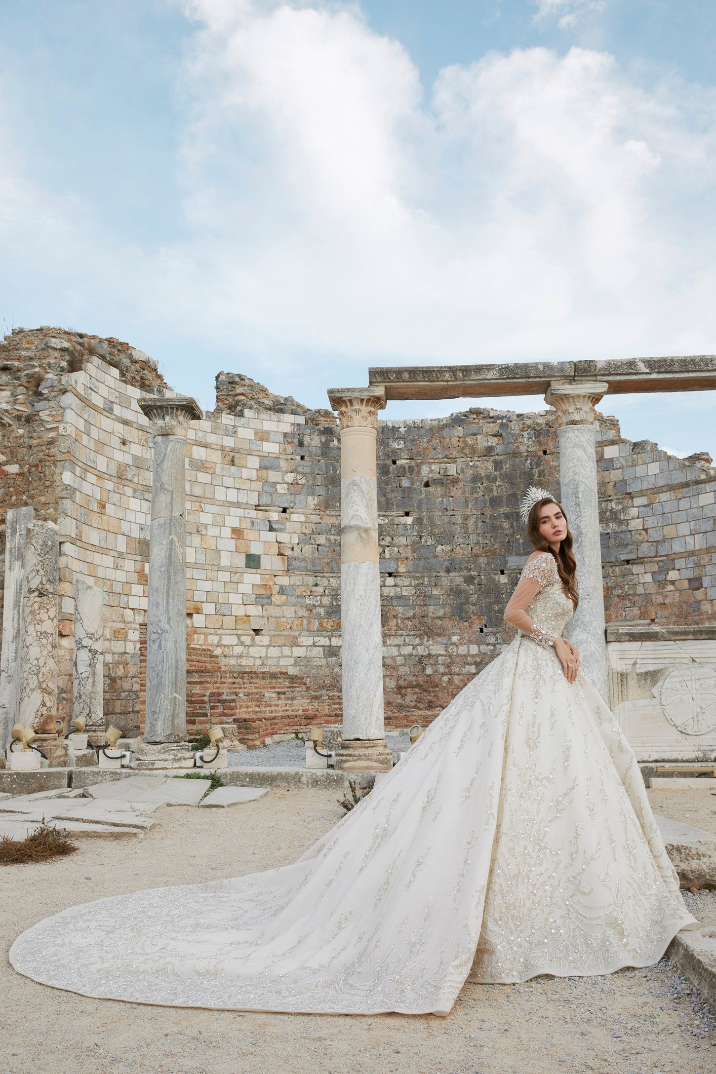 Mesmerize in Beige: Princess Bridal Dress with Intricate Embroidery