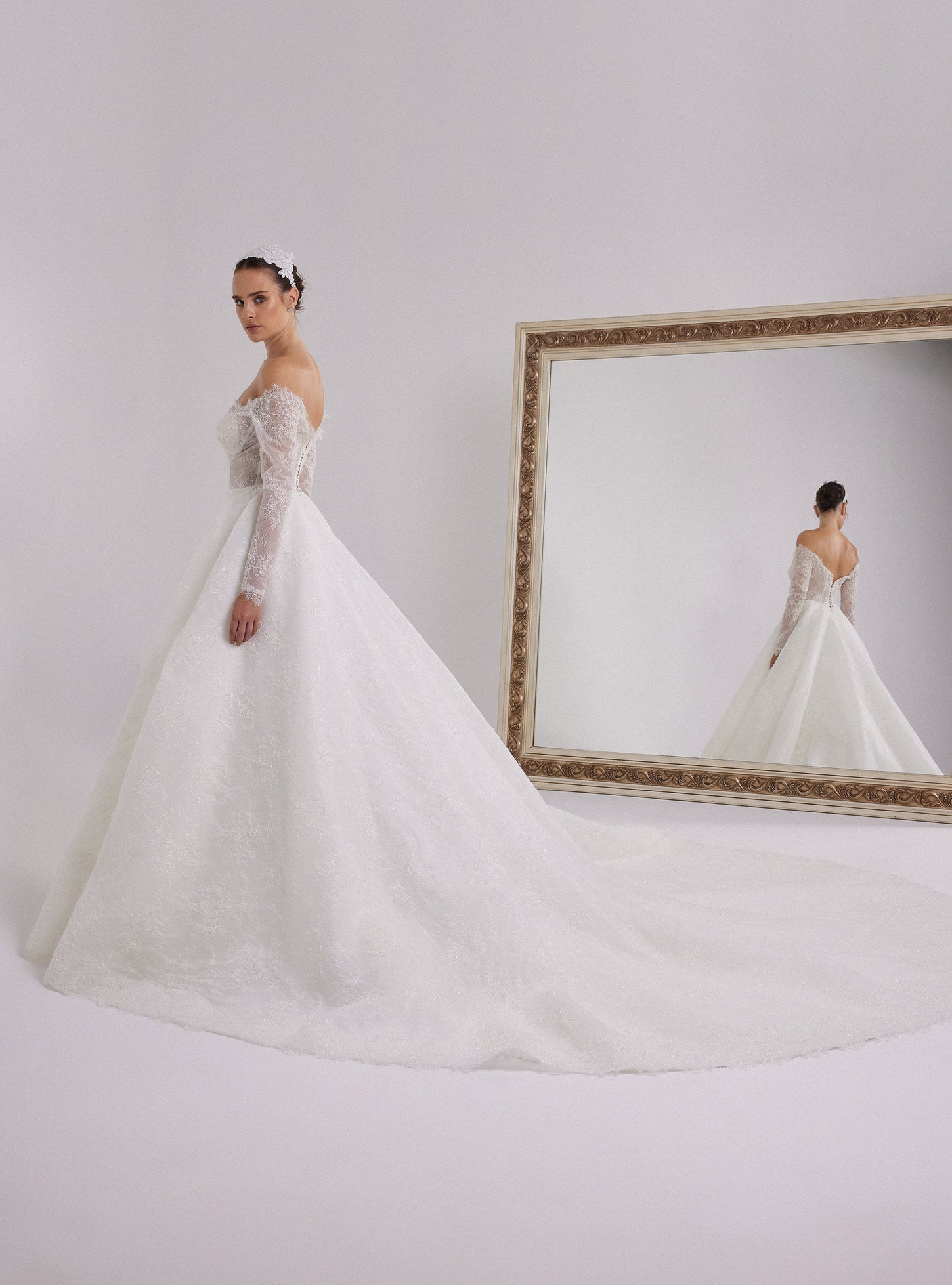 French Lace Designed White Ball Gown with Long Sleeves