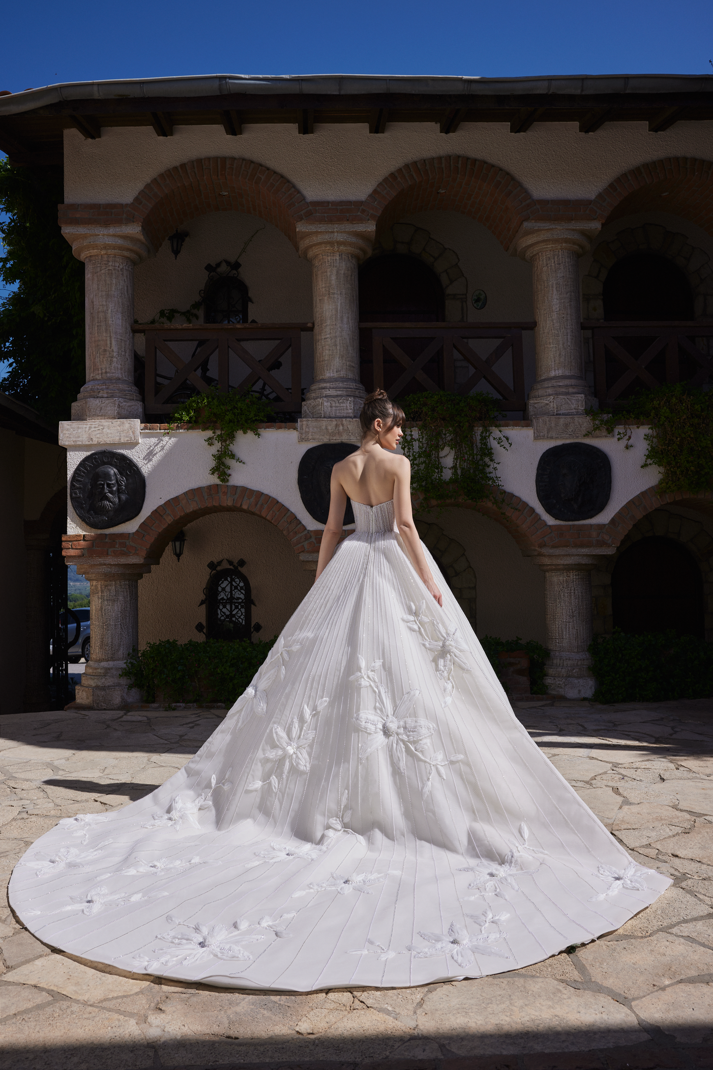 Pearl and Crystal Embellished Gown with 3D Floral Train