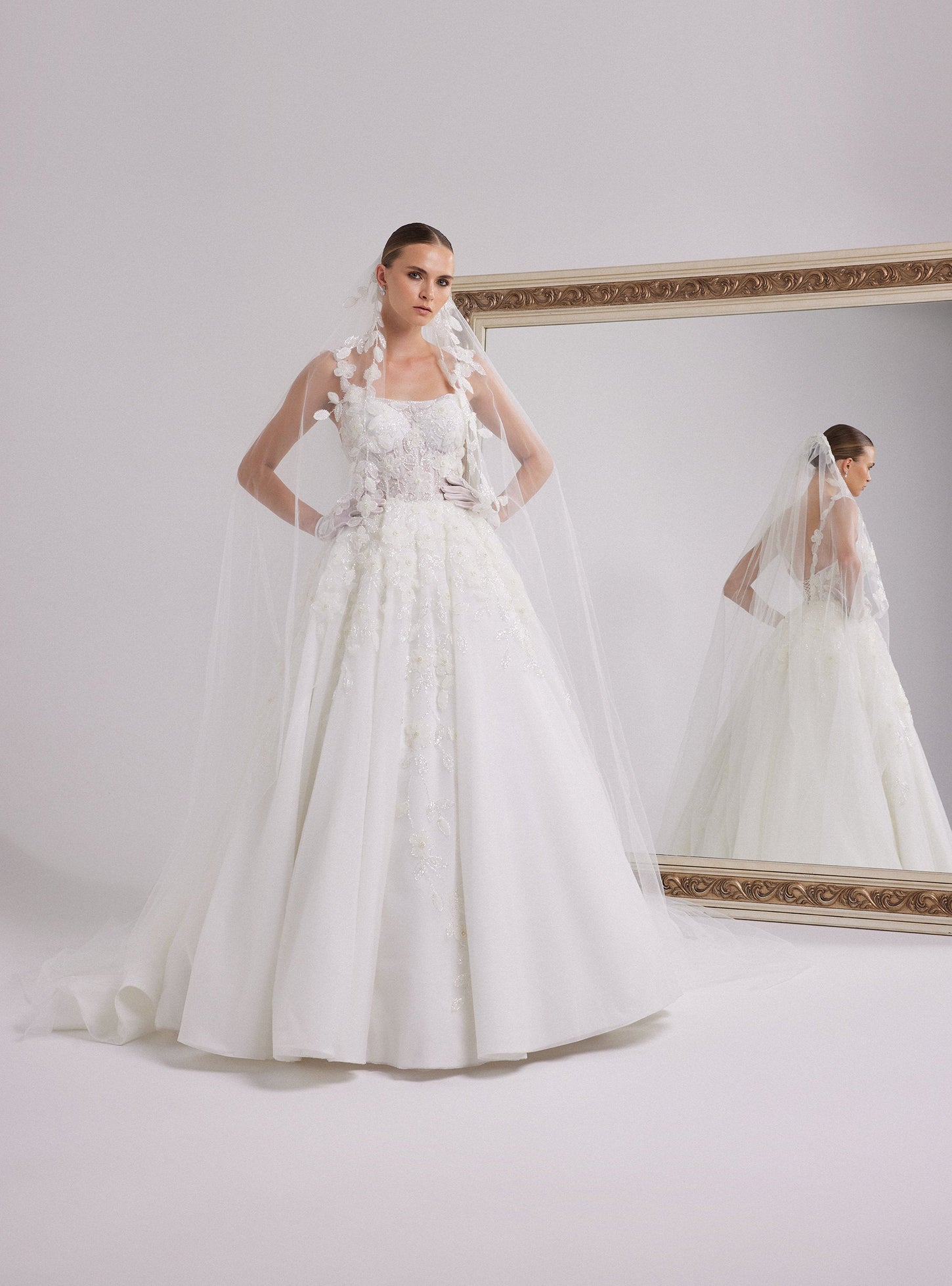 White A-line Wedding Dress with Sparkling Flower Design