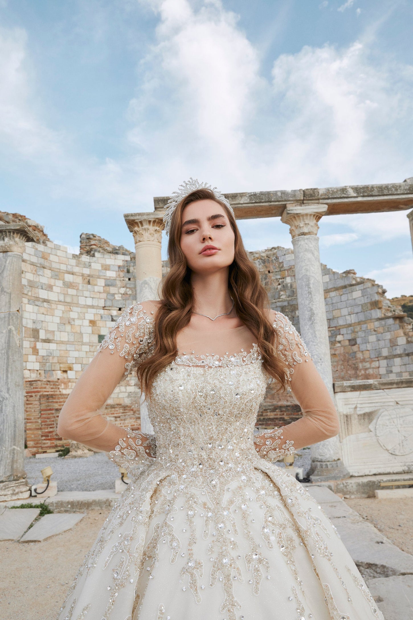 Mesmerize in Beige: Princess Bridal Dress with Intricate Embroidery