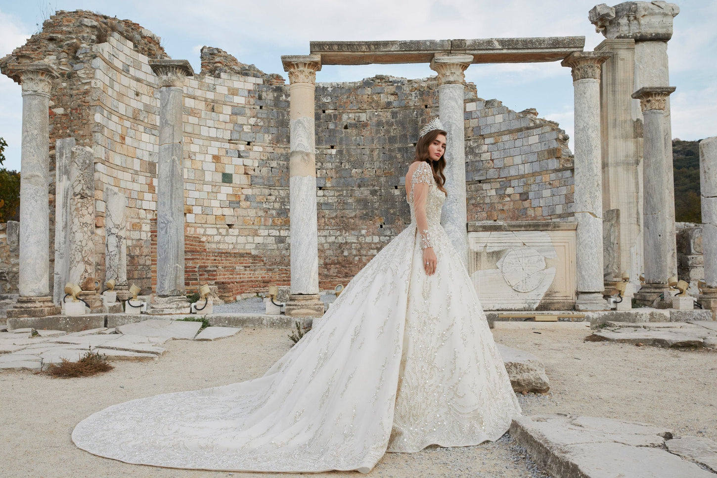 Mesmerize in Beige: Princess Bridal Dress with Intricate Embroidery