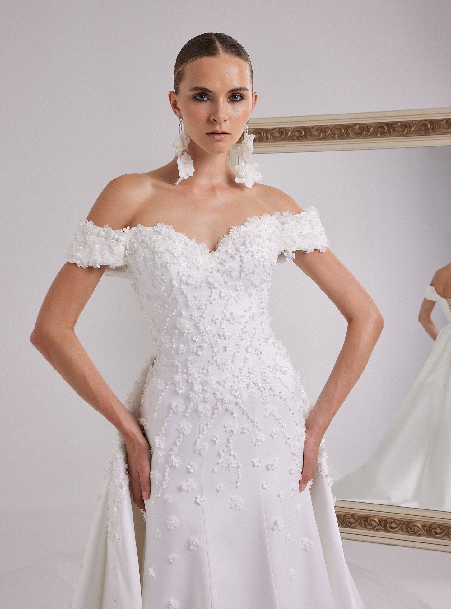 Romantic White Satin Wedding Gown with Off-Shoulder Neckline