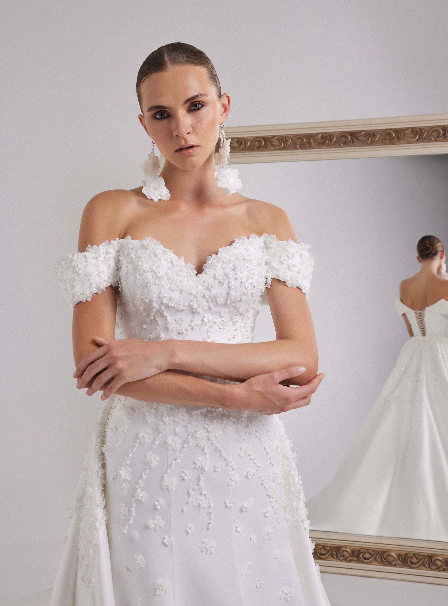 Romantic White Satin Wedding Gown with Off-Shoulder Neckline