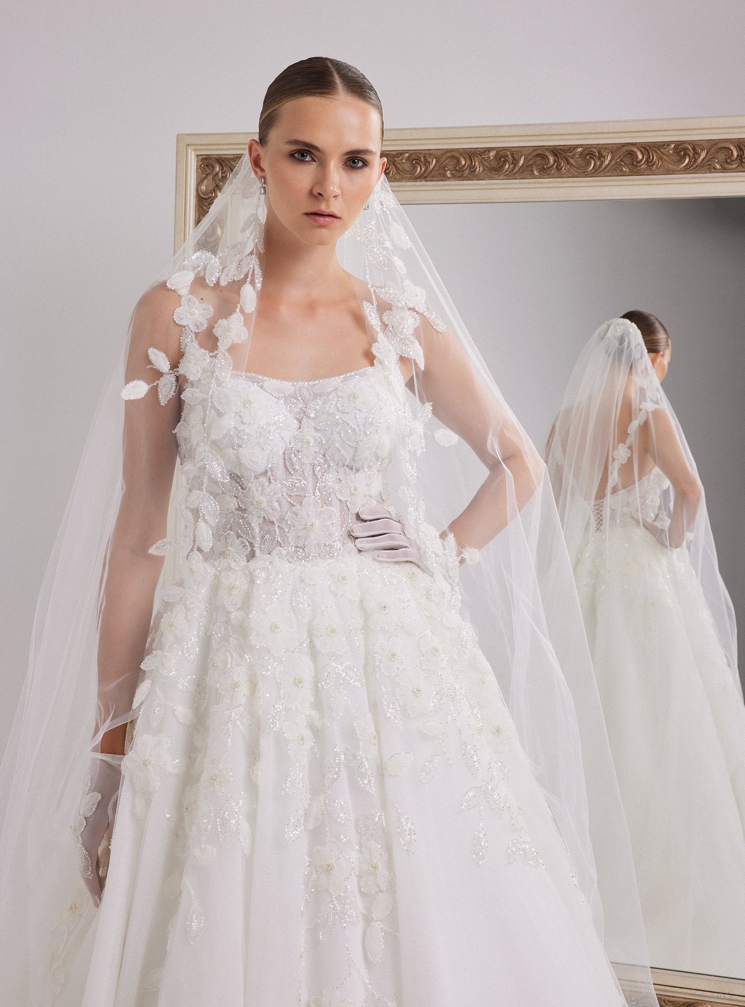 White A-line Wedding Dress with Sparkling Flower Design