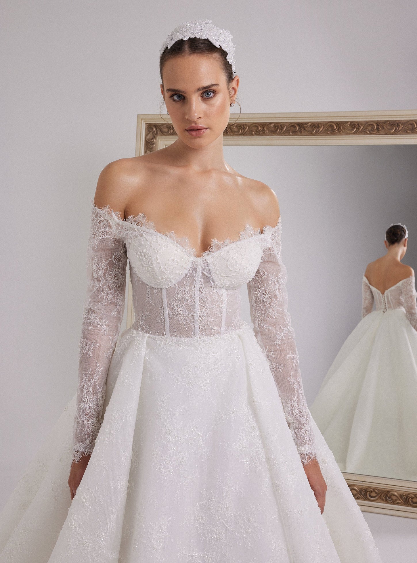 French Lace Designed White Ball Gown with Long Sleeves