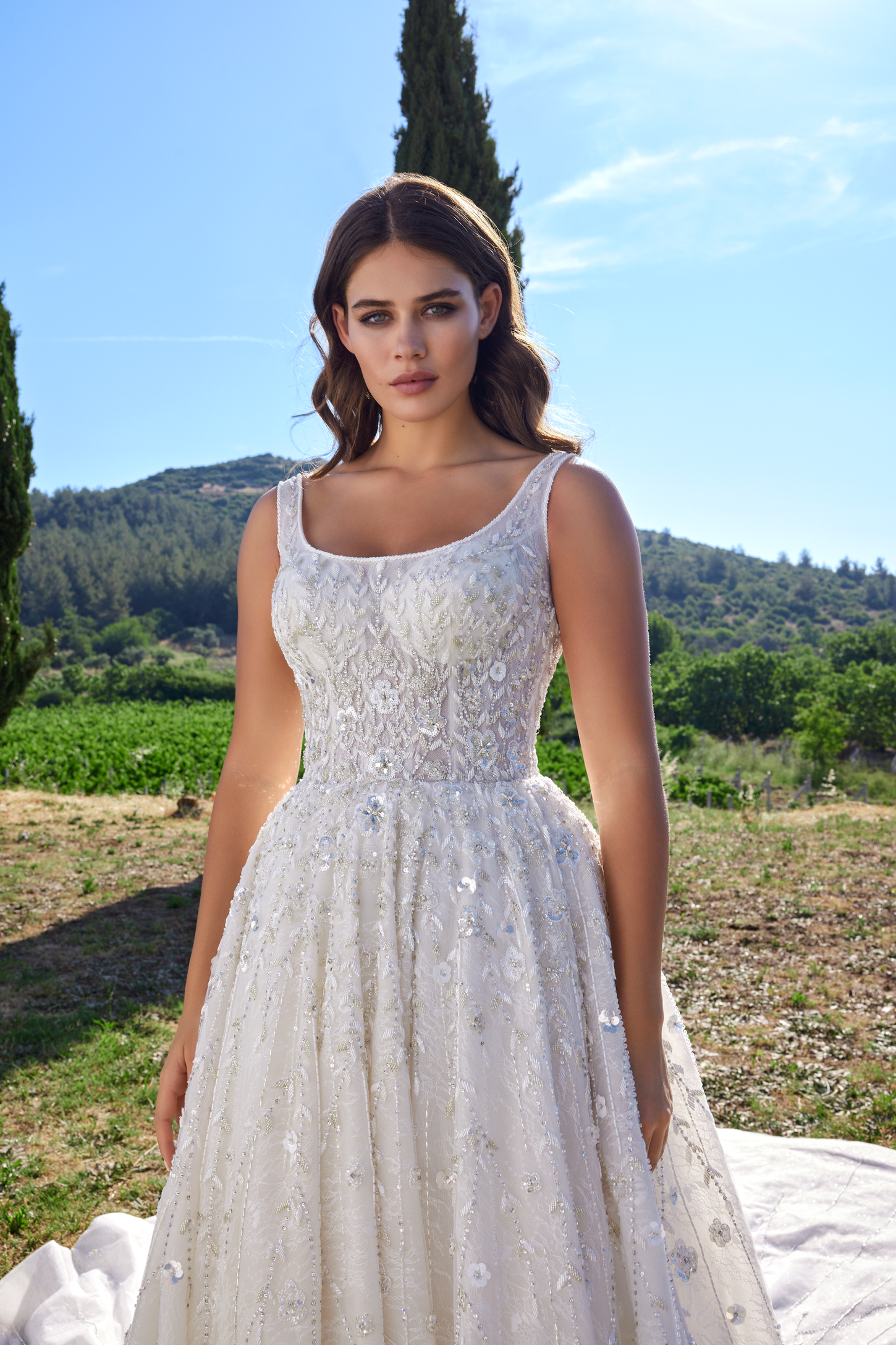 Shinny Floral Ball Gown with Scoop Neckline