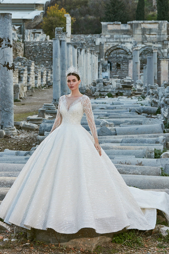 Graceful Crystal Vines: Illusion Sleeve Bridal Dress