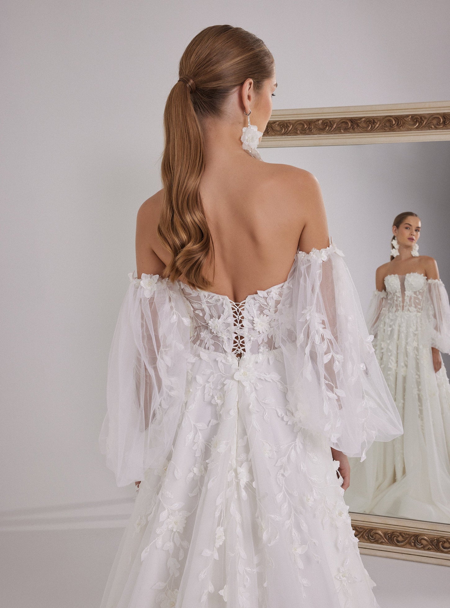 Romantic White A-Line Wedding Dress with 3D Flower Embellishments