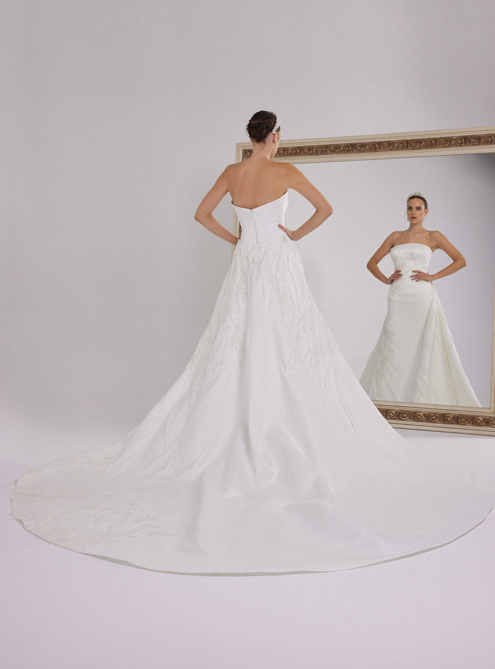 White Satin Wedding Dress With Asymmetrical Organza Design