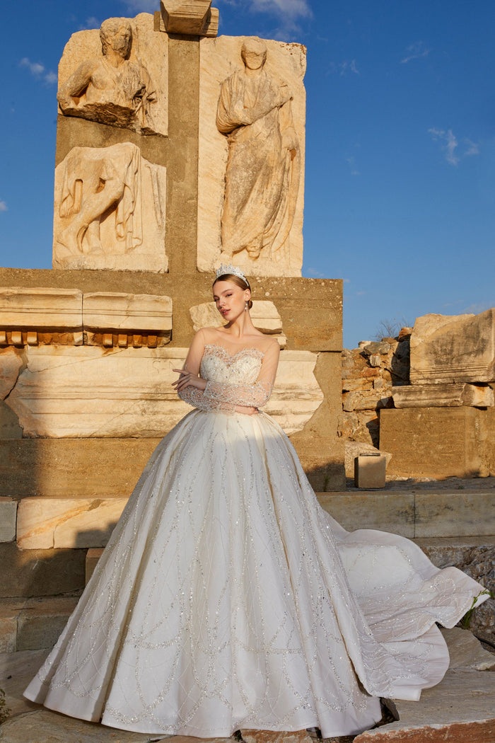 Radiant Princess: Hand-Embroidered Crystal Ivory Gown