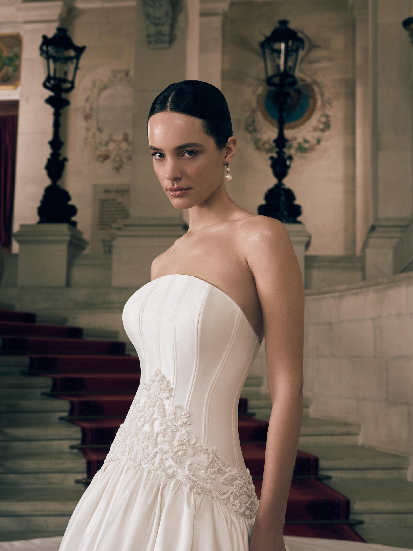 Strapless satin ball gown wedding dress with hand-embroidered waist detail and pleated skirt – Imperia bridal collection