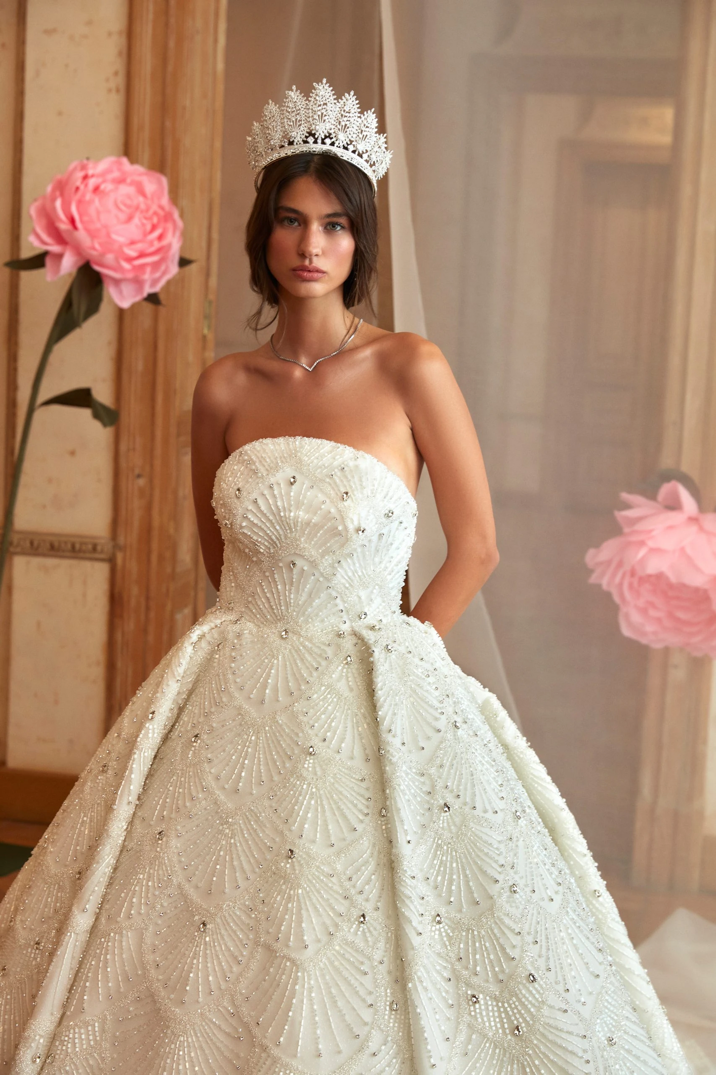 Crystal-Adorned Off-White Princess Gown