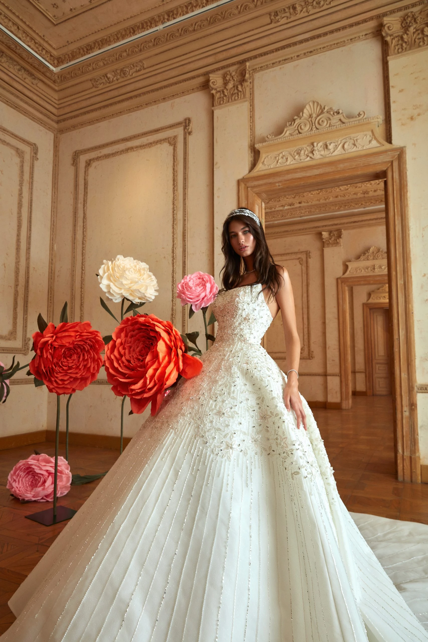 Ethereal Off-White Crystal-Embellished Wedding Gown