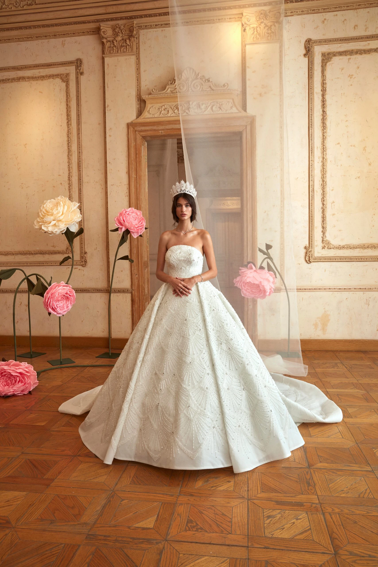 Crystal-Adorned Off-White Princess Gown