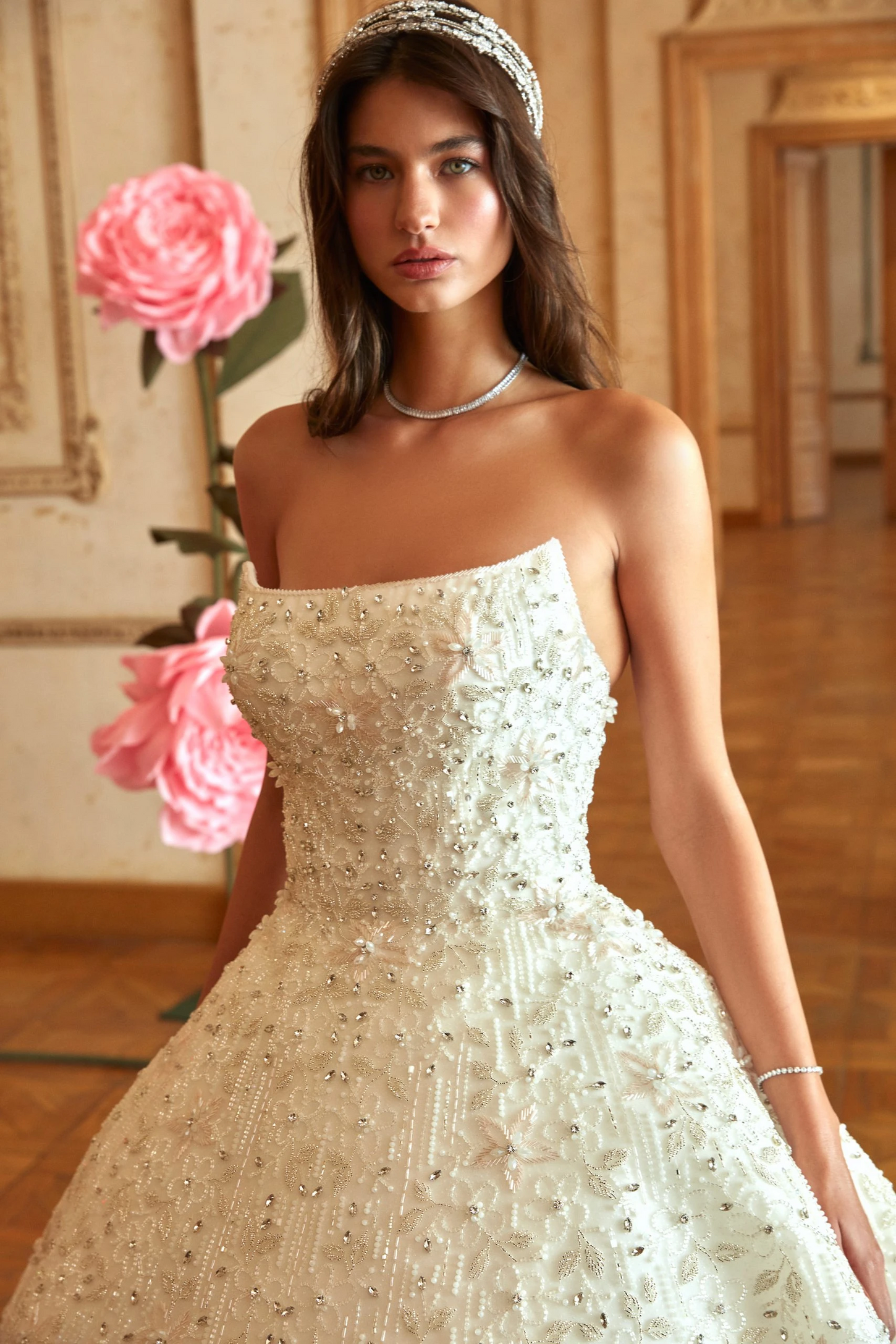 Ethereal Off-White Crystal-Embellished Wedding Gown