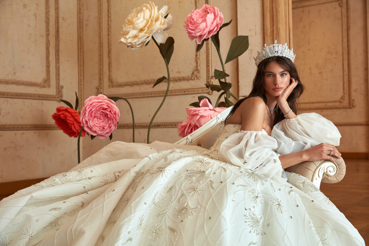 Timeless Off-White Gown Adorned with Dazzling Crystals