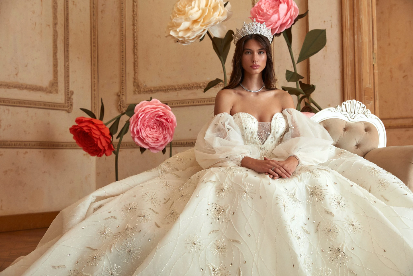 Timeless Off-White Gown Adorned with Dazzling Crystals