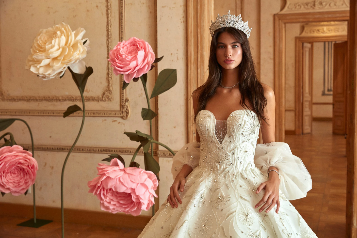 Timeless Off-White Gown Adorned with Dazzling Crystals