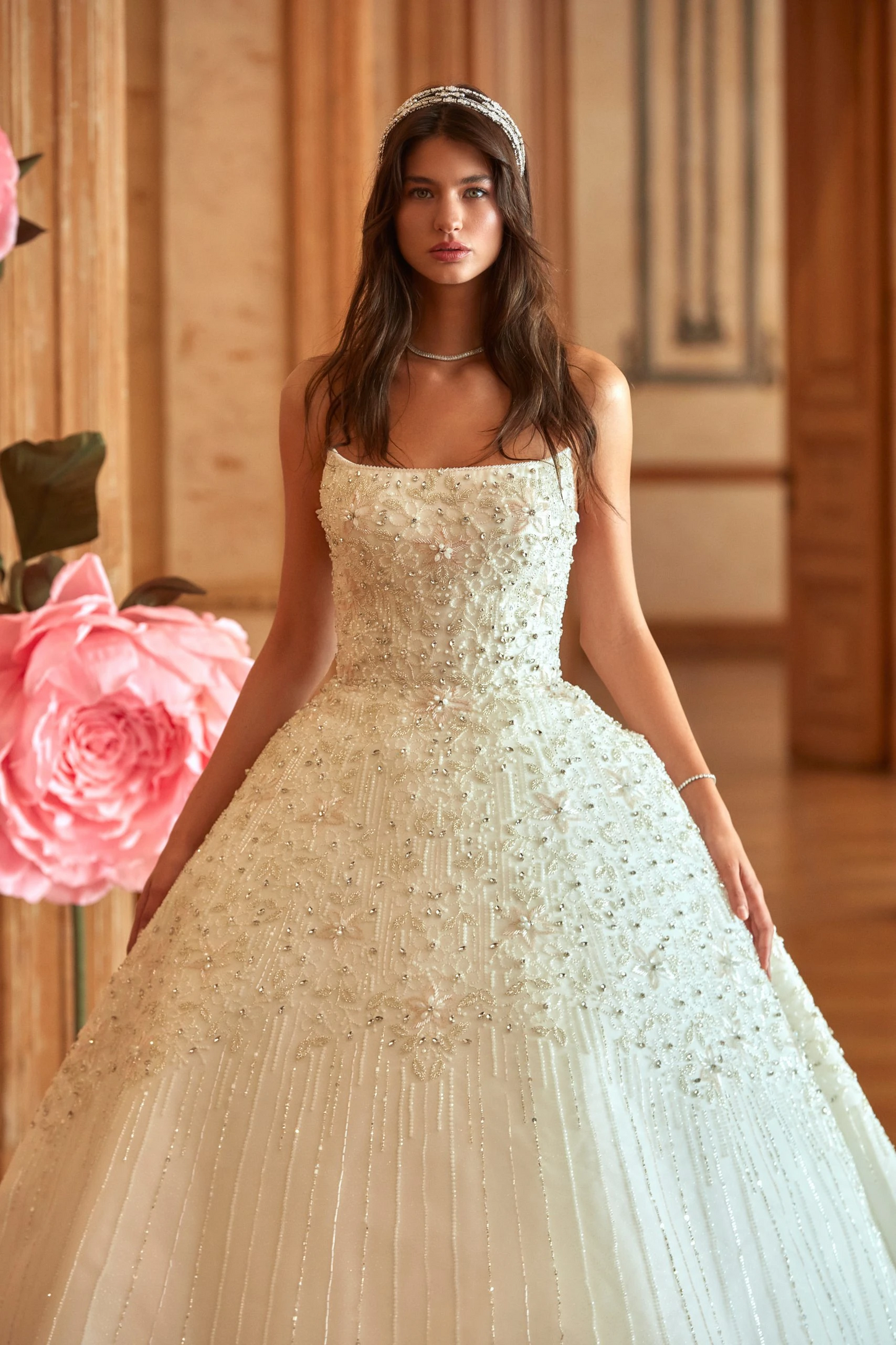 Ethereal Off-White Crystal-Embellished Wedding Gown